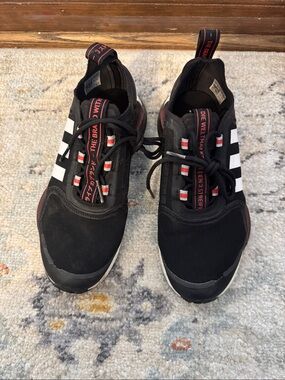 adidas Black Sneakers with White Stripes and Red Accents